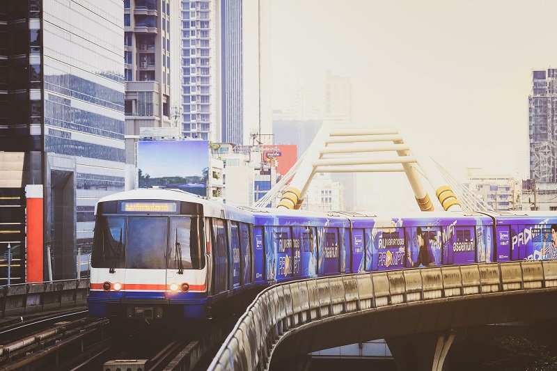Bangkok, Thailand - February 20, 2020 : BTS Sky Train is running in downtown of Bangkok. Sky train is fastest transport mode in Bangkok